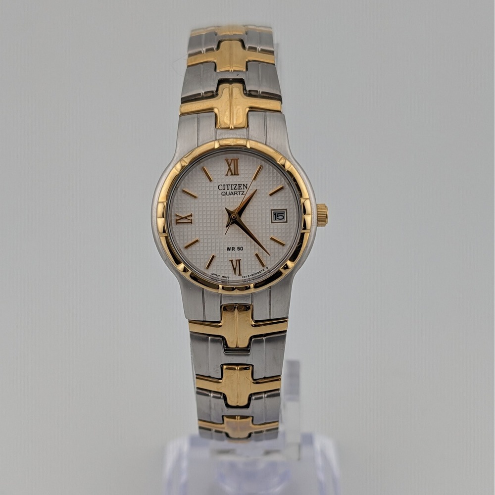 Citizen Quartz 1012-S029287 Two Tone White Textured Dial Roman Date Watch